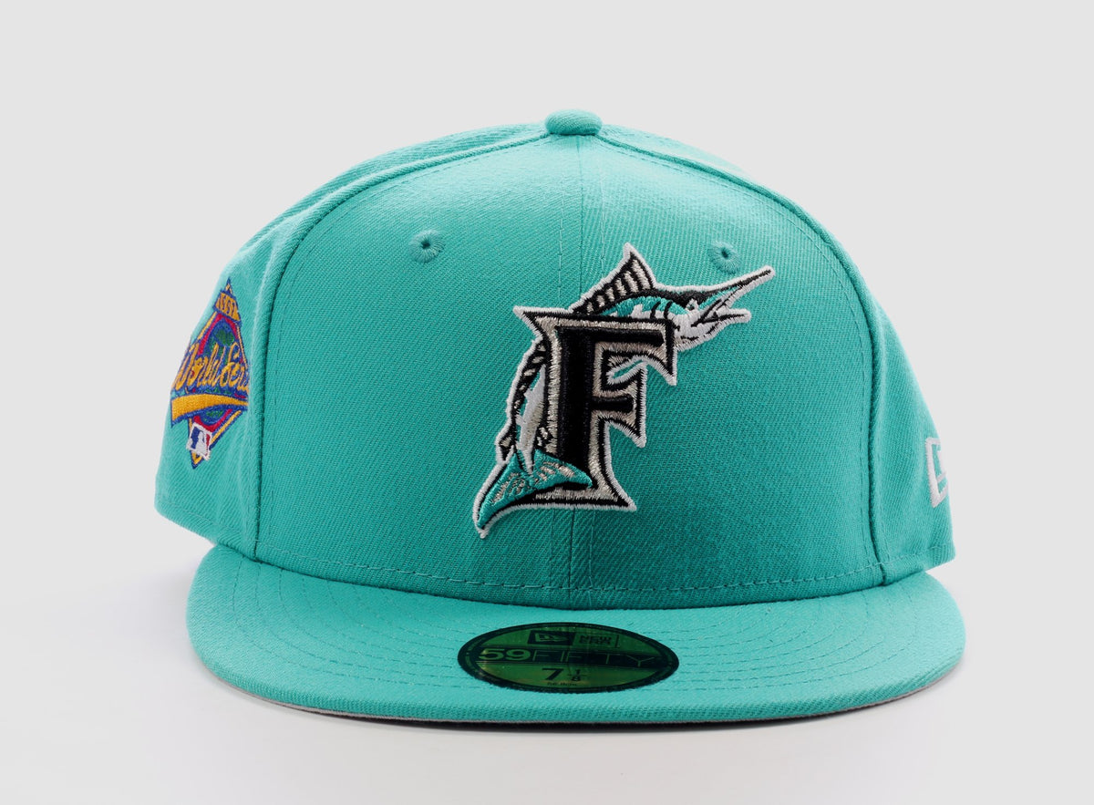 New Era 59FIFTY Silky Pink UV Miami Marlins 25th Anniversary of 1997 World Series Championship Patch Hat - Teal, Black Teal / 7 5/8