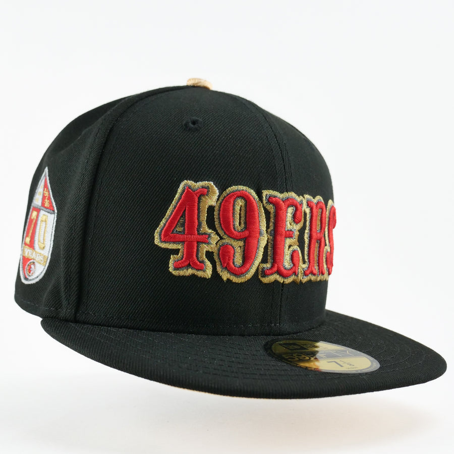 New Era Custom Exclusive Fitted San Francisco 49ers Black Metallic Gold 70 Years Anniversary Patch