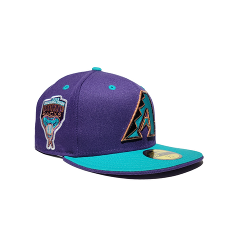 Arizona Diamondbacks 1998 Inaugural Season New Era 59FIFTY Fitted Hat (Glow in The Dark Songbird Blue Walnut Pinot Red Under BRIM) 7 1/8